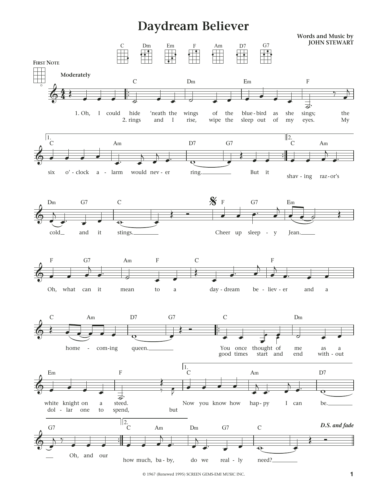 The Monkees Daydream Believer (from The Daily Ukulele) (arr. Liz and Jim Beloff) sheet music notes and chords arranged for Ukulele