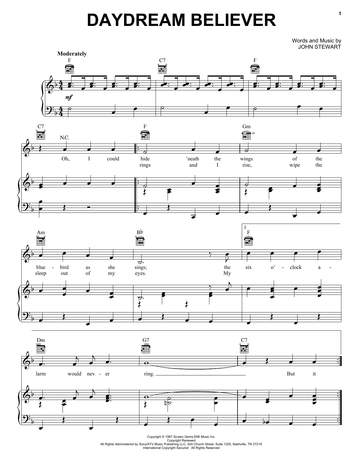 The Monkees Daydream Believer sheet music notes and chords arranged for Ukulele