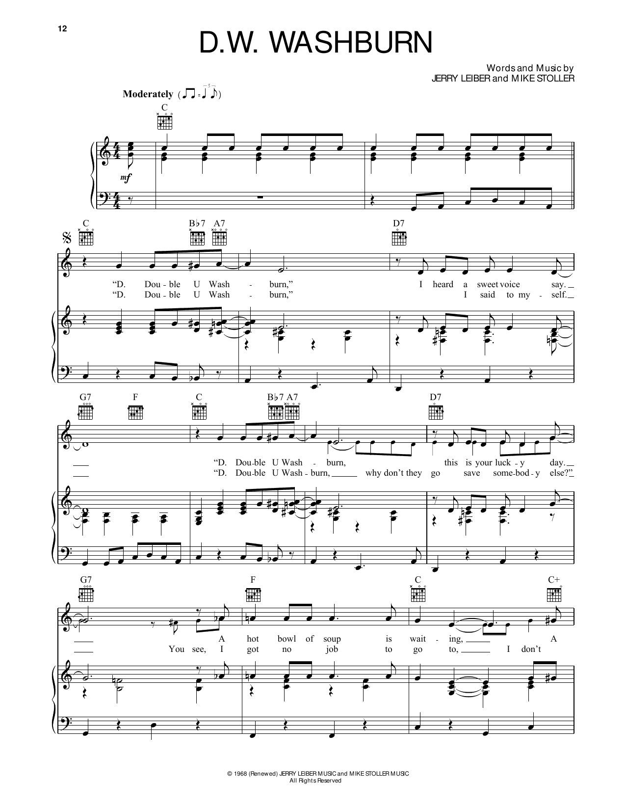 The Monkees D.W. Washburn sheet music notes and chords arranged for Piano, Vocal & Guitar Chords (Right-Hand Melody)