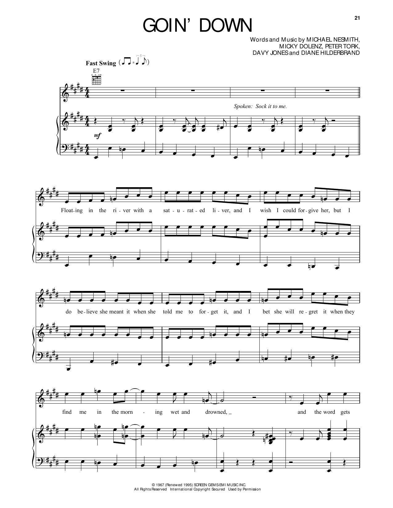 The Monkees Goin' Down sheet music notes and chords arranged for Piano, Vocal & Guitar Chords (Right-Hand Melody)