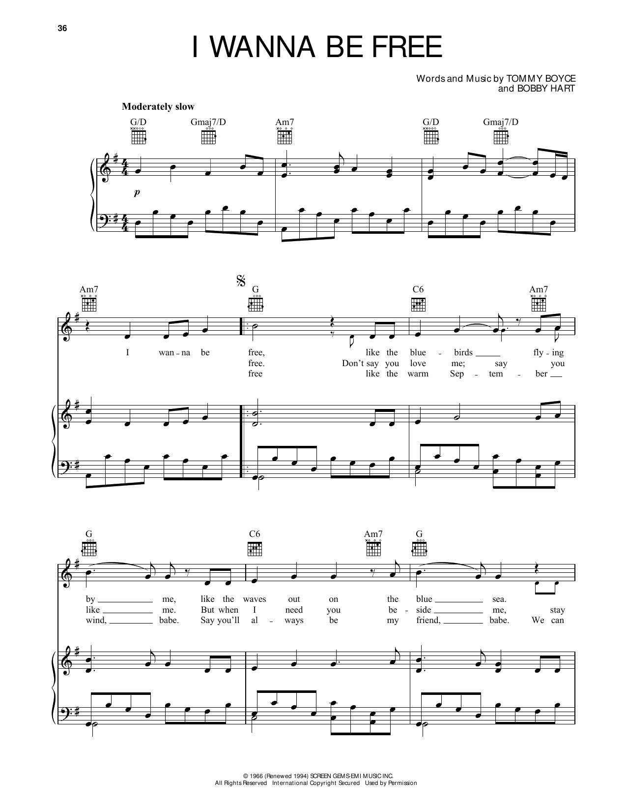 The Monkees I Wanna Be Free sheet music notes and chords arranged for Piano, Vocal & Guitar Chords (Right-Hand Melody)