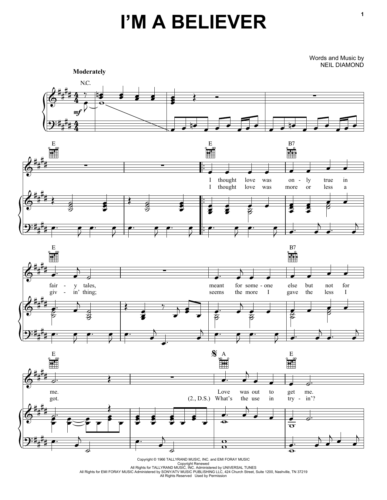 The Monkees I'm A Believer sheet music notes and chords arranged for Easy Piano