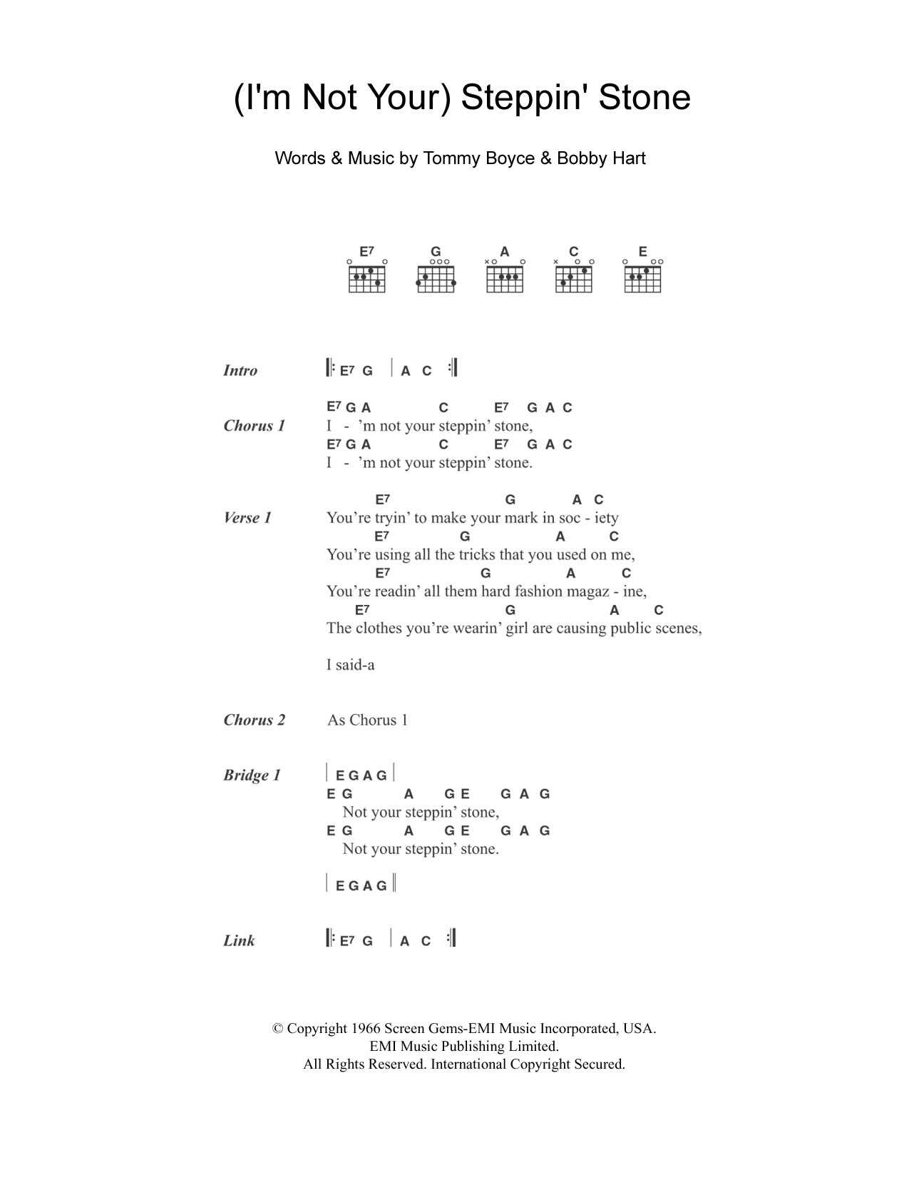 The Monkees (I'm Not Your) Steppin' Stone sheet music notes and chords arranged for Guitar Chords/Lyrics