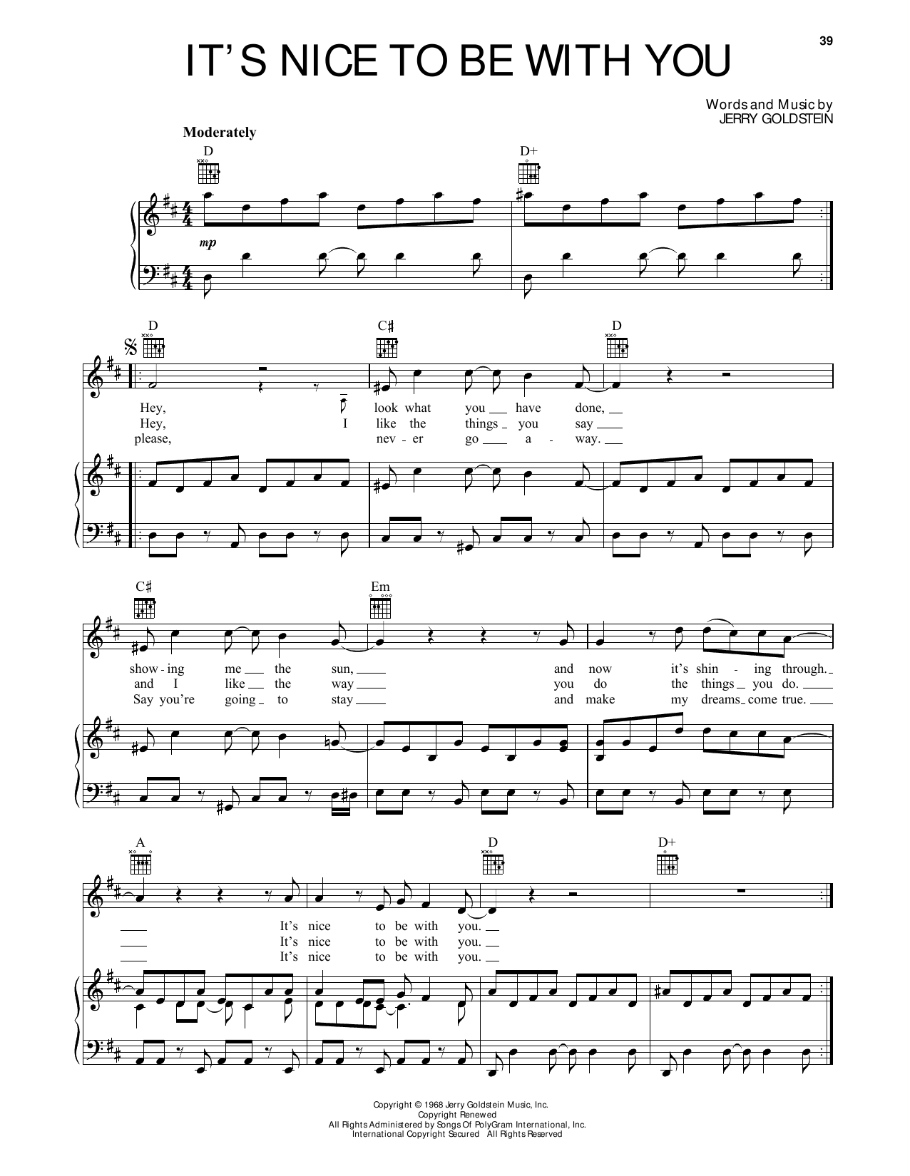The Monkees It's Nice To Be With You sheet music notes and chords arranged for Piano, Vocal & Guitar Chords (Right-Hand Melody)
