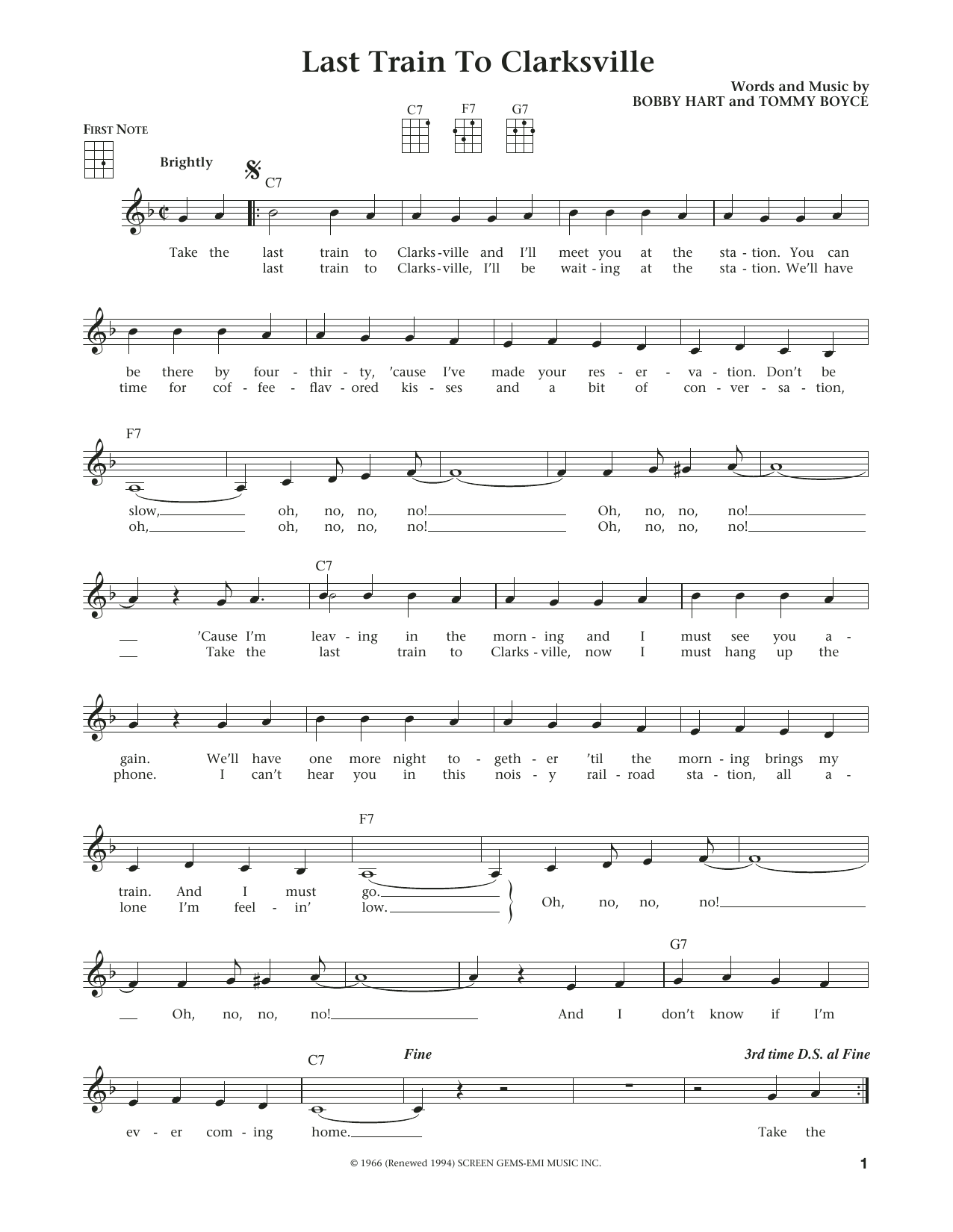 The Monkees Last Train To Clarksville (from The Daily Ukulele) (arr. Liz and Jim Beloff) sheet music notes and chords arranged for Ukulele