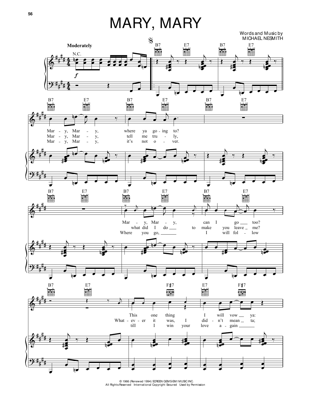 The Monkees Mary, Mary sheet music notes and chords arranged for Piano, Vocal & Guitar Chords (Right-Hand Melody)