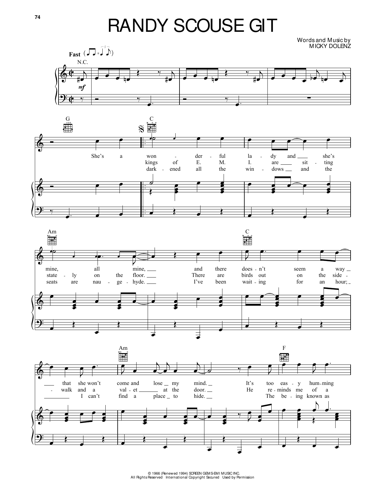 The Monkees Randy Scouse Git sheet music notes and chords arranged for Piano, Vocal & Guitar Chords (Right-Hand Melody)