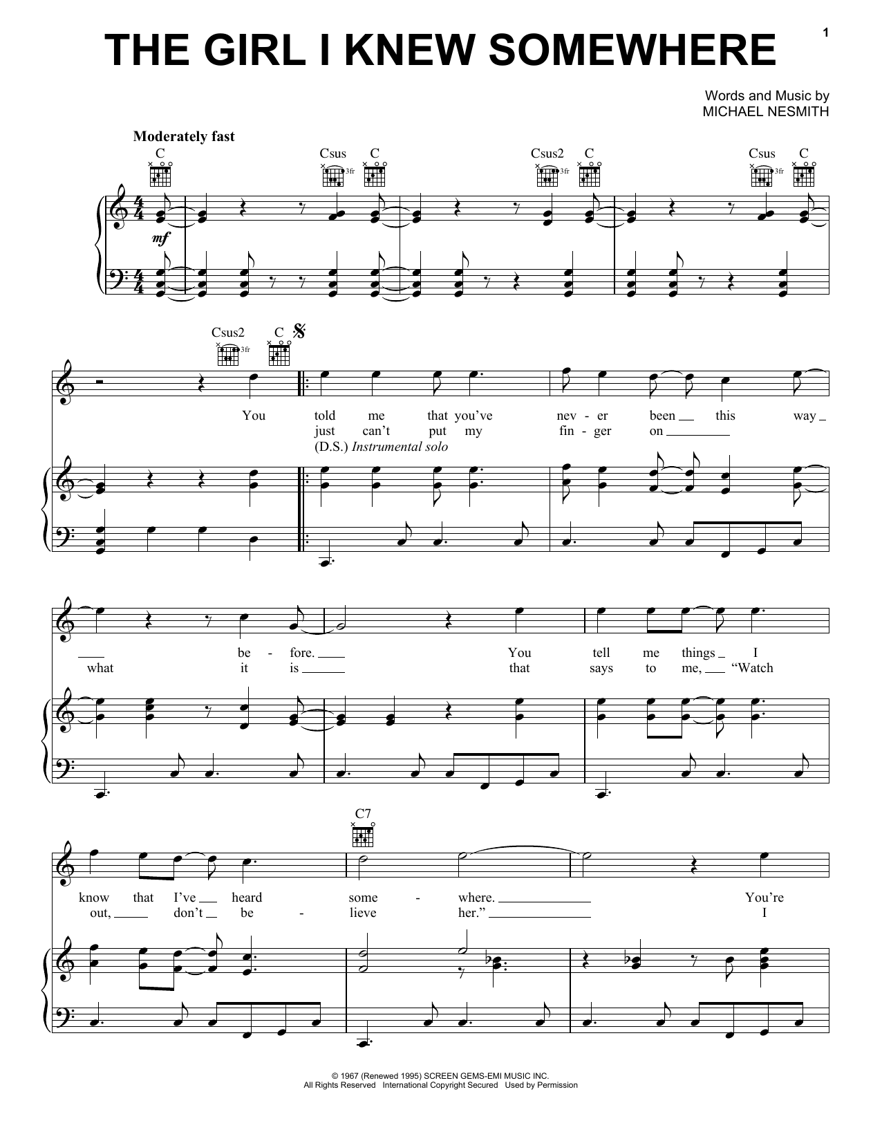 The Monkees The Girl I Knew Somewhere sheet music notes and chords arranged for Piano, Vocal & Guitar Chords (Right-Hand Melody)