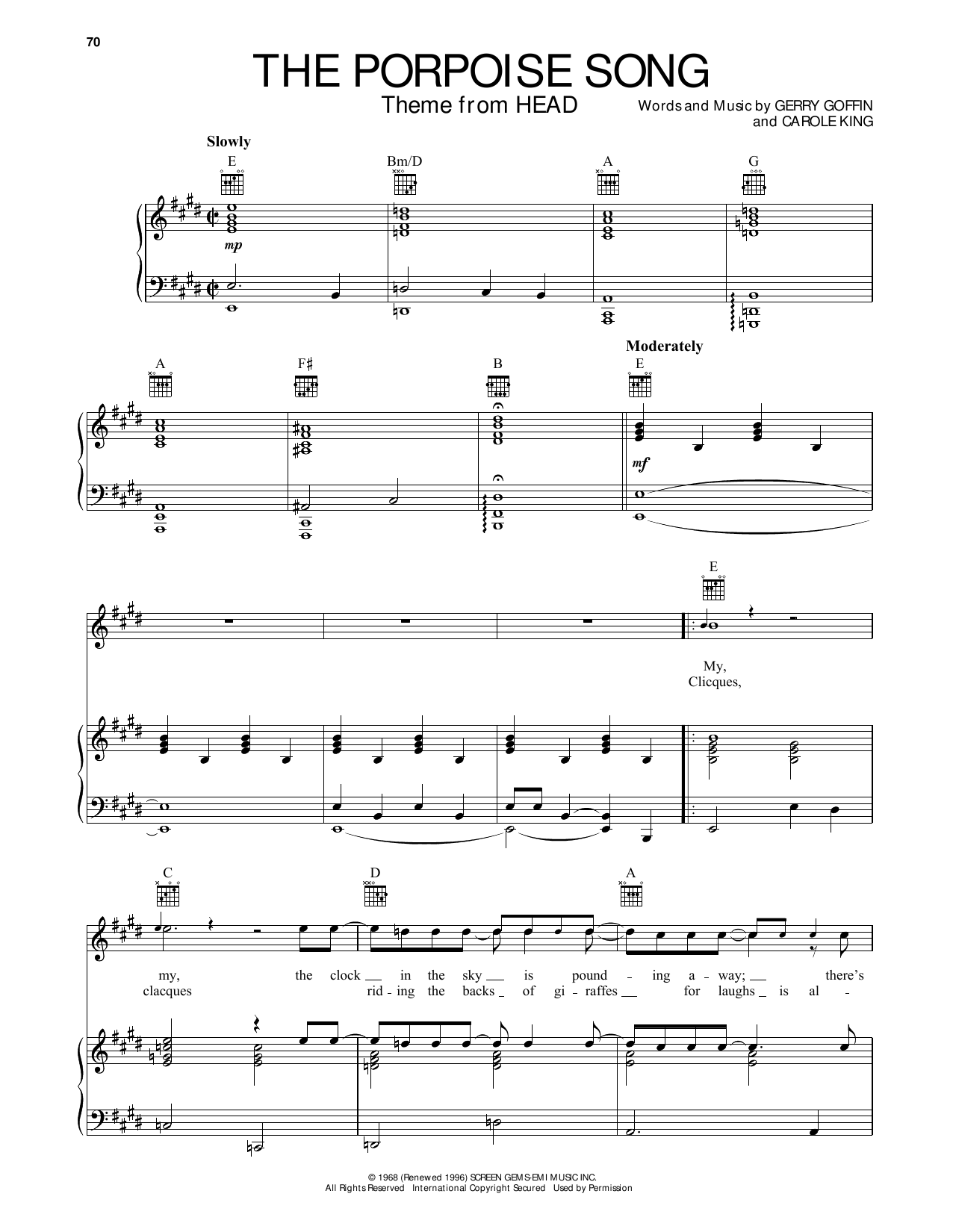 The Monkees The Porpoise Song sheet music notes and chords arranged for Piano, Vocal & Guitar Chords (Right-Hand Melody)