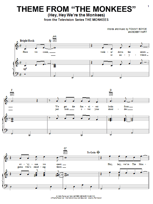 The Monkees Theme from The Monkees (Hey, Hey We're The Monkees) sheet music notes and chords arranged for Piano, Vocal & Guitar Chords (Right-Hand Melody)