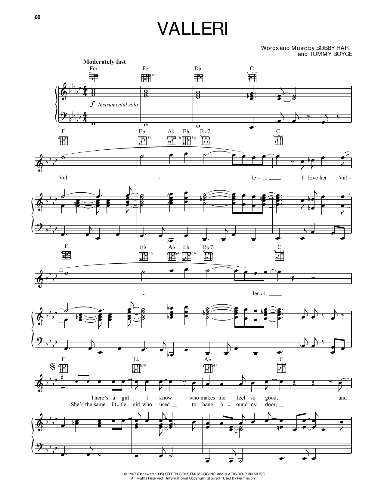 The Monkees Valleri sheet music notes and chords arranged for Piano, Vocal & Guitar Chords (Right-Hand Melody)