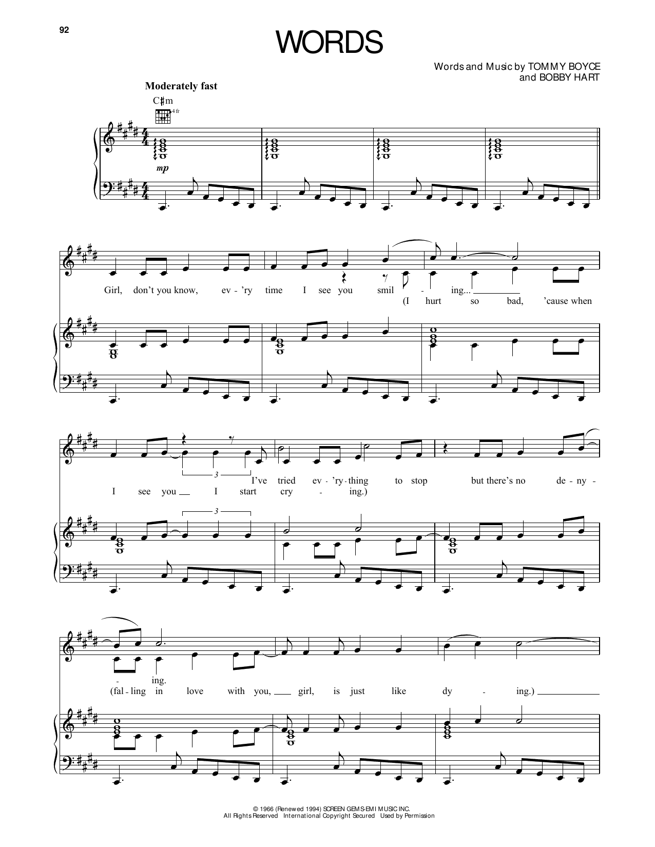 The Monkees Words sheet music notes and chords arranged for Piano, Vocal & Guitar Chords (Right-Hand Melody)