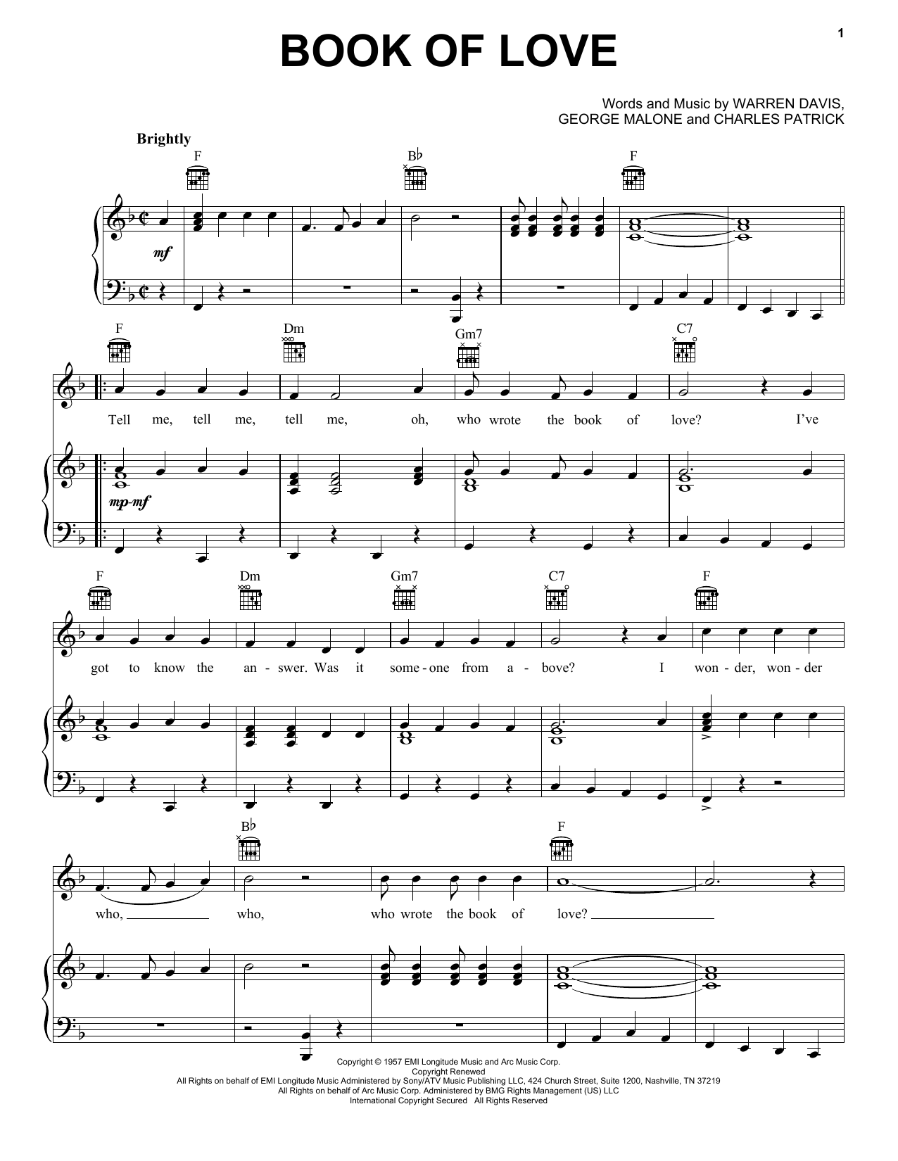 The Monotones Book Of Love sheet music notes and chords arranged for Lead Sheet / Fake Book