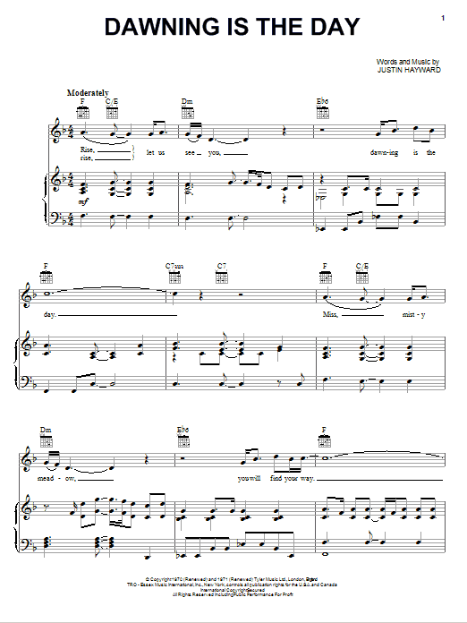 The Moody Blues Dawning Is The Day sheet music notes and chords arranged for Piano, Vocal & Guitar Chords (Right-Hand Melody)