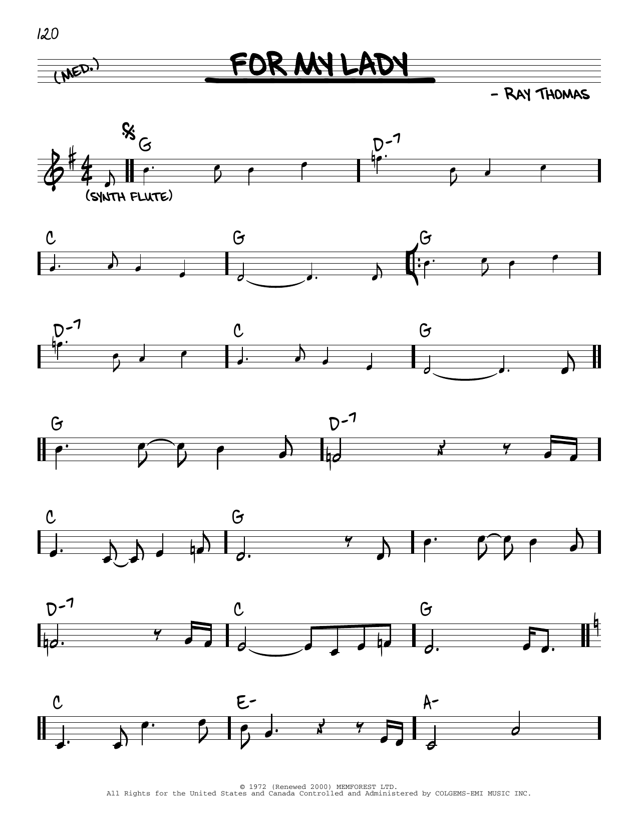 The Moody Blues For My Lady sheet music notes and chords arranged for Real Book – Melody & Chords