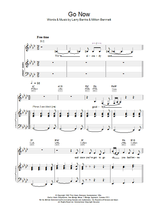 Bessie Banks Go Now sheet music notes and chords arranged for Piano, Vocal & Guitar Chords