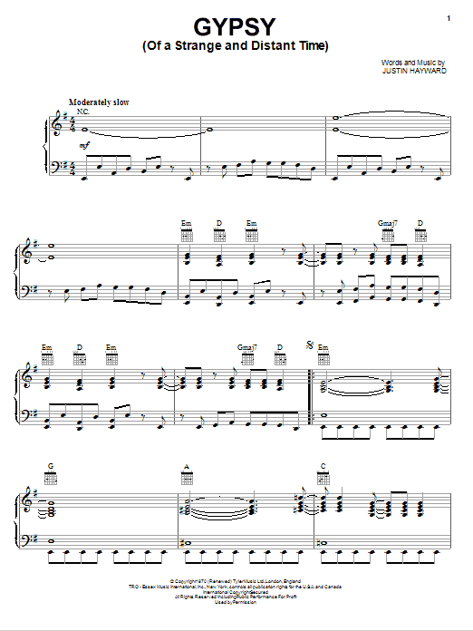 The Moody Blues Gypsy (Of A Strange And Distant Time) sheet music notes and chords arranged for Piano, Vocal & Guitar Chords (Right-Hand Melody)