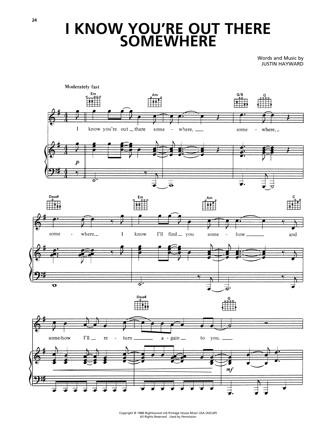 The Moody Blues I Know You're Out There Somewhere sheet music notes and chords arranged for Piano, Vocal & Guitar Chords (Right-Hand Melody)