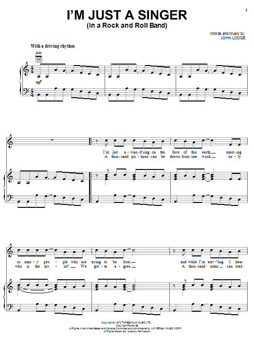The Moody Blues I'm Just A Singer (In A Rock And Roll Band) sheet music notes and chords arranged for Piano, Vocal & Guitar Chords (Right-Hand Melody)