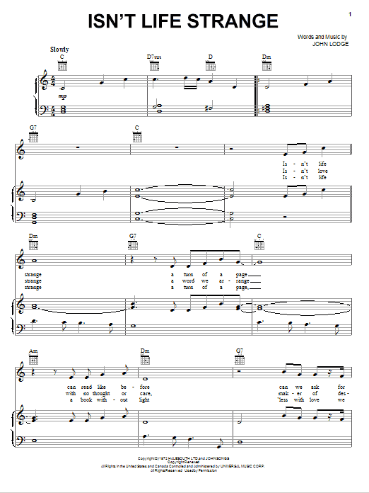 The Moody Blues Isn't Life Strange sheet music notes and chords arranged for Piano, Vocal & Guitar Chords (Right-Hand Melody)