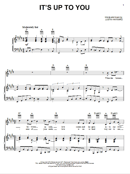 The Moody Blues It's Up To You sheet music notes and chords arranged for Piano, Vocal & Guitar Chords (Right-Hand Melody)