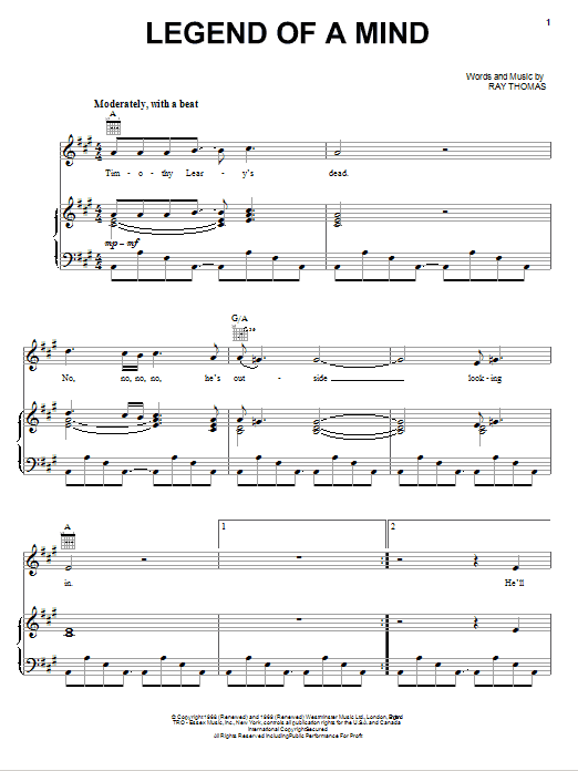 The Moody Blues Legend Of A Mind sheet music notes and chords arranged for Piano, Vocal & Guitar Chords (Right-Hand Melody)