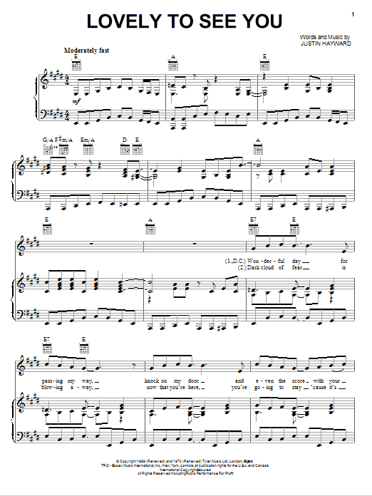 The Moody Blues Lovely To See You sheet music notes and chords arranged for Piano, Vocal & Guitar Chords (Right-Hand Melody)
