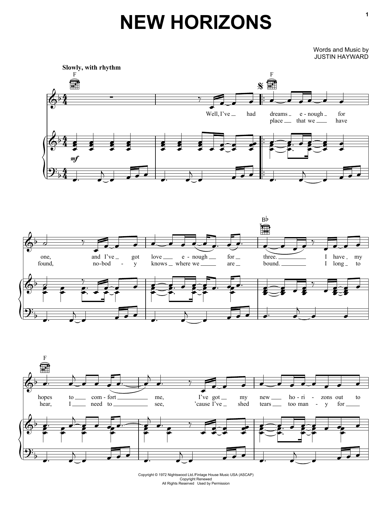 The Moody Blues New Horizons sheet music notes and chords arranged for Piano, Vocal & Guitar Chords (Right-Hand Melody)