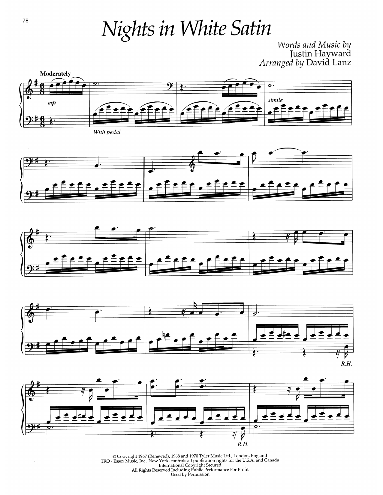 The Moody Blues Nights In White Satin (arr. David Lanz) sheet music notes and chords arranged for Piano Solo