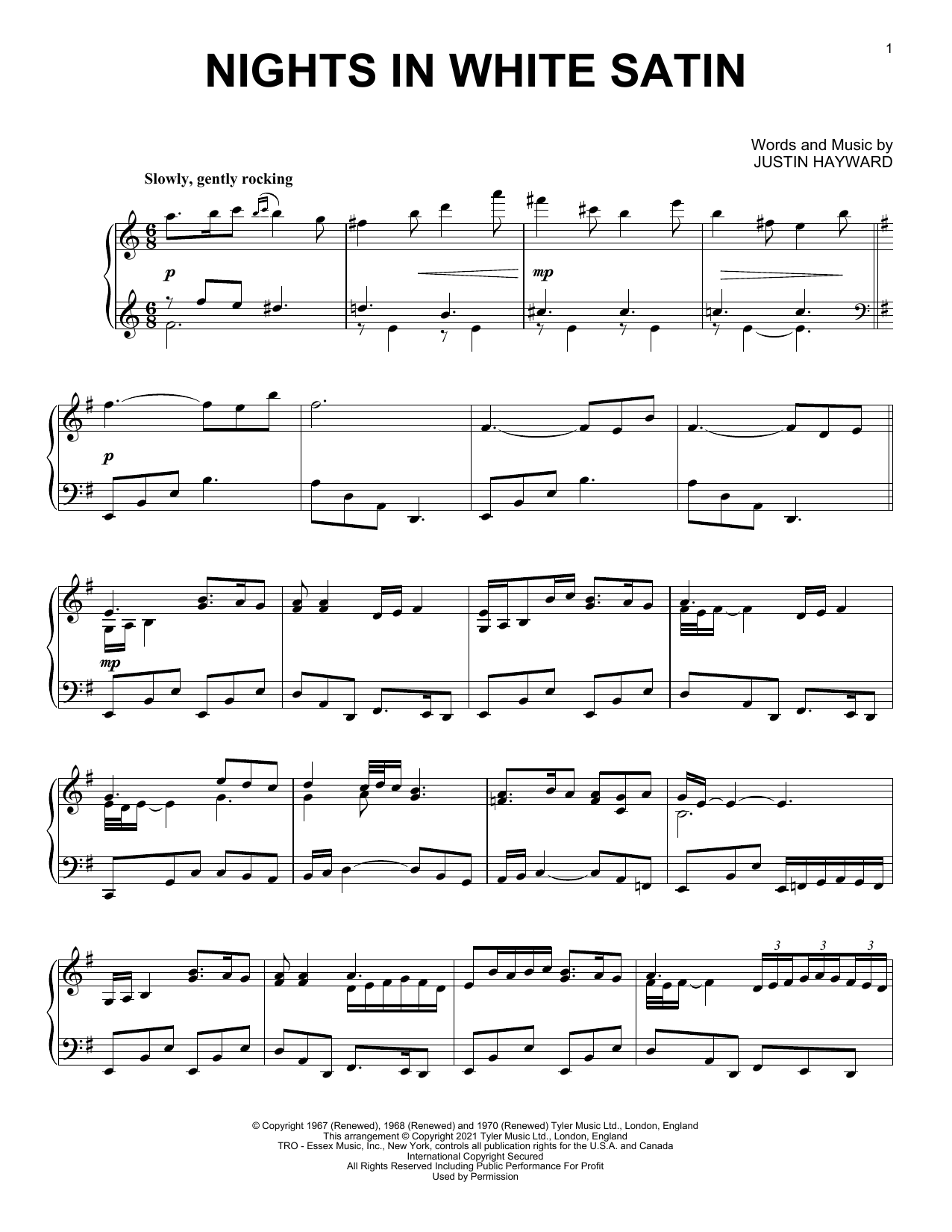 The Moody Blues Nights In White Satin [Classical version] (arr. David Pearl) sheet music notes and chords arranged for Piano Solo