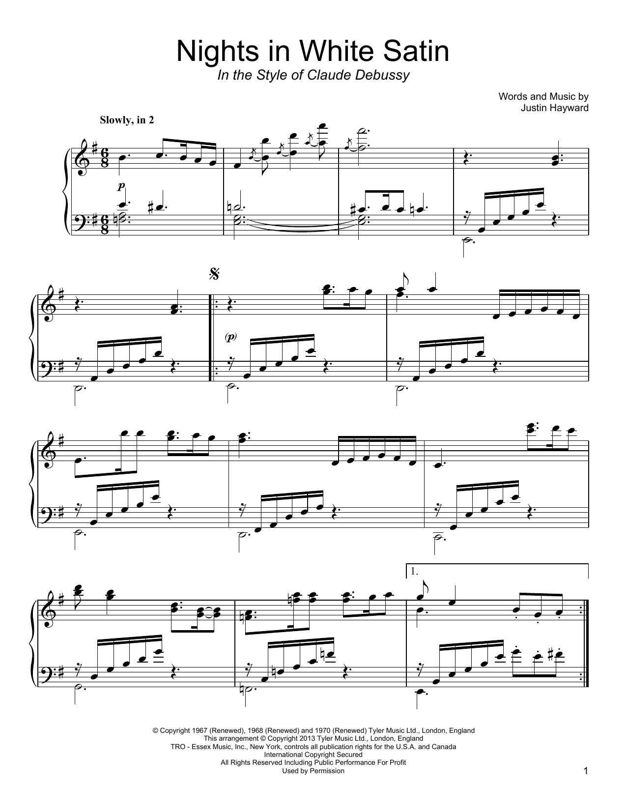 The Moody Blues Nights In White Satin (in the style of Claude Debussy) sheet music notes and chords arranged for Piano Solo