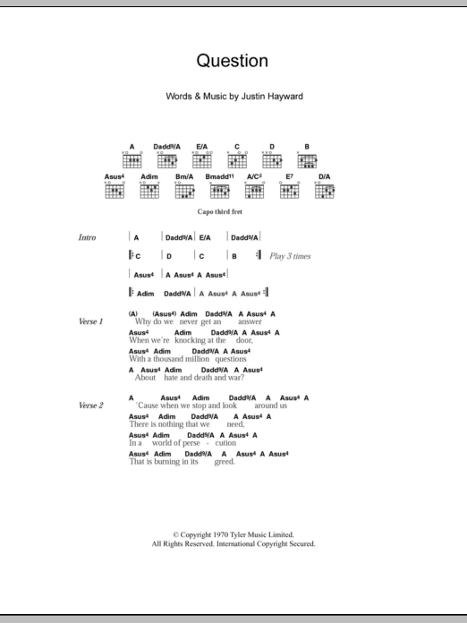 The Moody Blues Question sheet music notes and chords arranged for Guitar Chords/Lyrics