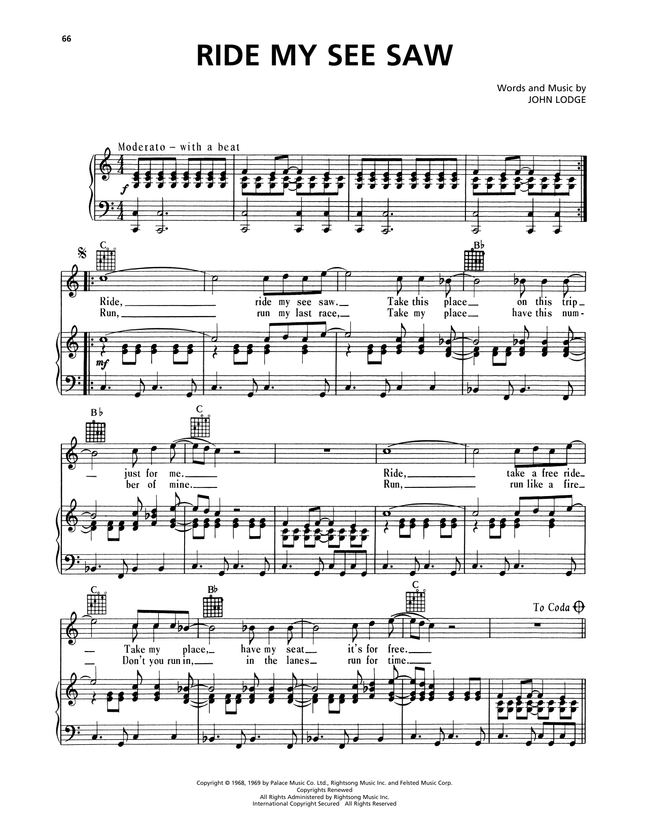 The Moody Blues Ride My See-Saw sheet music notes and chords arranged for Piano, Vocal & Guitar Chords (Right-Hand Melody)