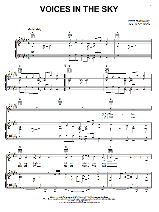 The Moody Blues Voices In The Sky sheet music notes and chords arranged for Piano, Vocal & Guitar Chords (Right-Hand Melody)