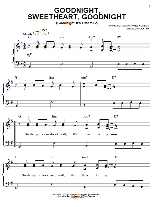 The Moonglows Goodnight, Sweetheart, Goodnight (Goodnight, It's Time To Go) sheet music notes and chords arranged for Easy Piano