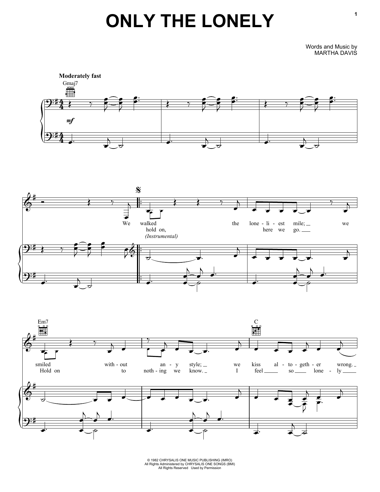 The Motels Only The Lonely sheet music notes and chords arranged for Piano, Vocal & Guitar Chords (Right-Hand Melody)