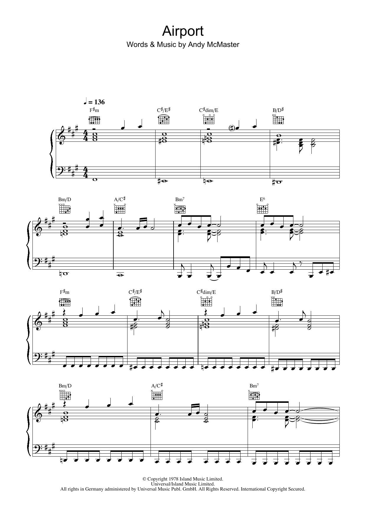 The Motors Airport sheet music notes and chords arranged for Piano, Vocal & Guitar Chords