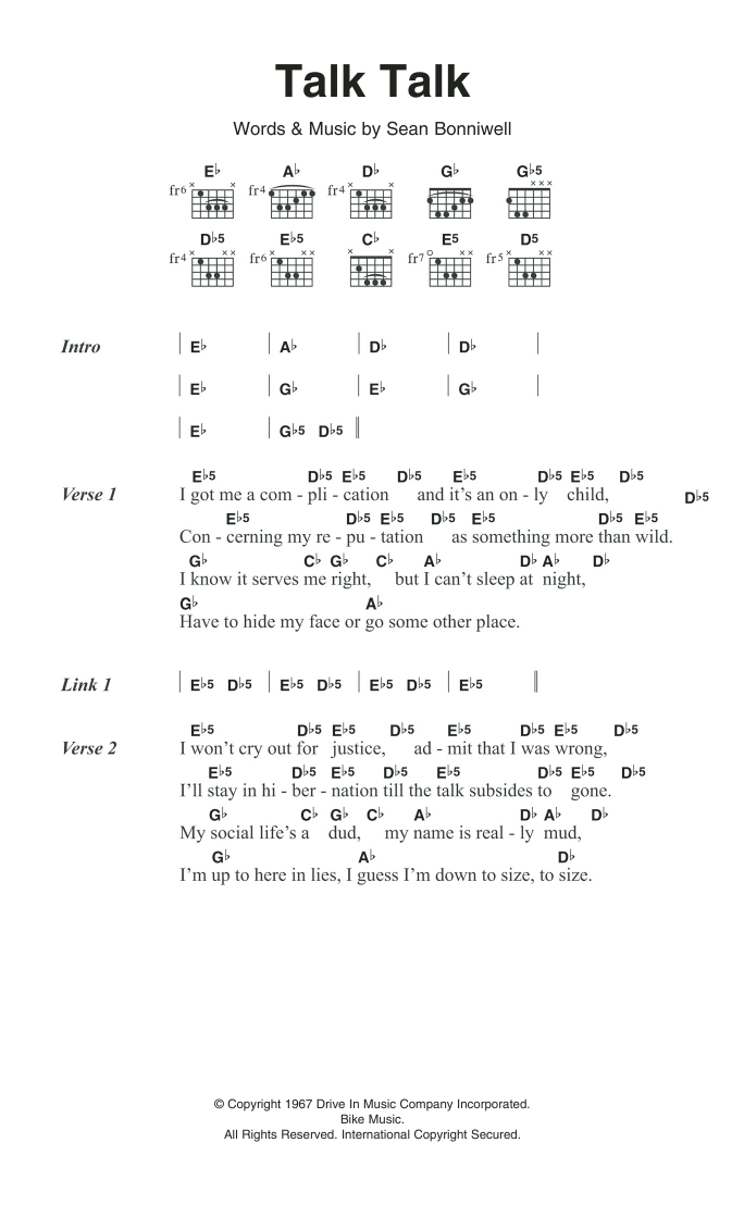 The Music Machine Talk Talk sheet music notes and chords arranged for Guitar Chords/Lyrics