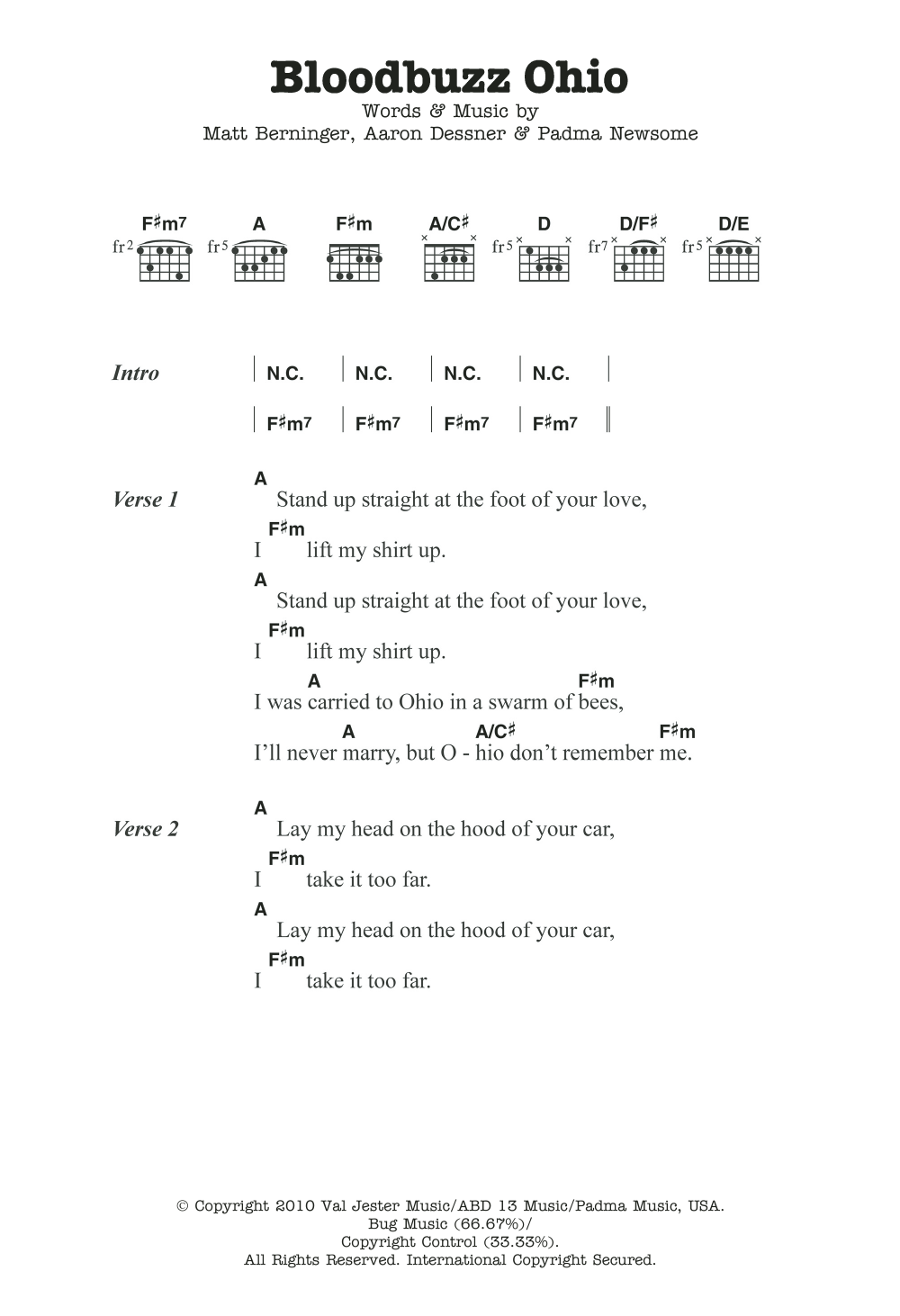 The National Bloodbuzz Ohio sheet music notes and chords arranged for Guitar Chords/Lyrics