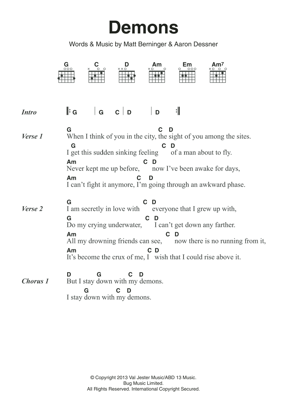 The National Demons sheet music notes and chords arranged for Guitar Chords/Lyrics