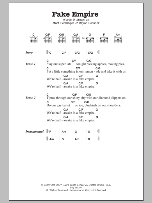 The National Fake Empire sheet music notes and chords arranged for Guitar Chords/Lyrics