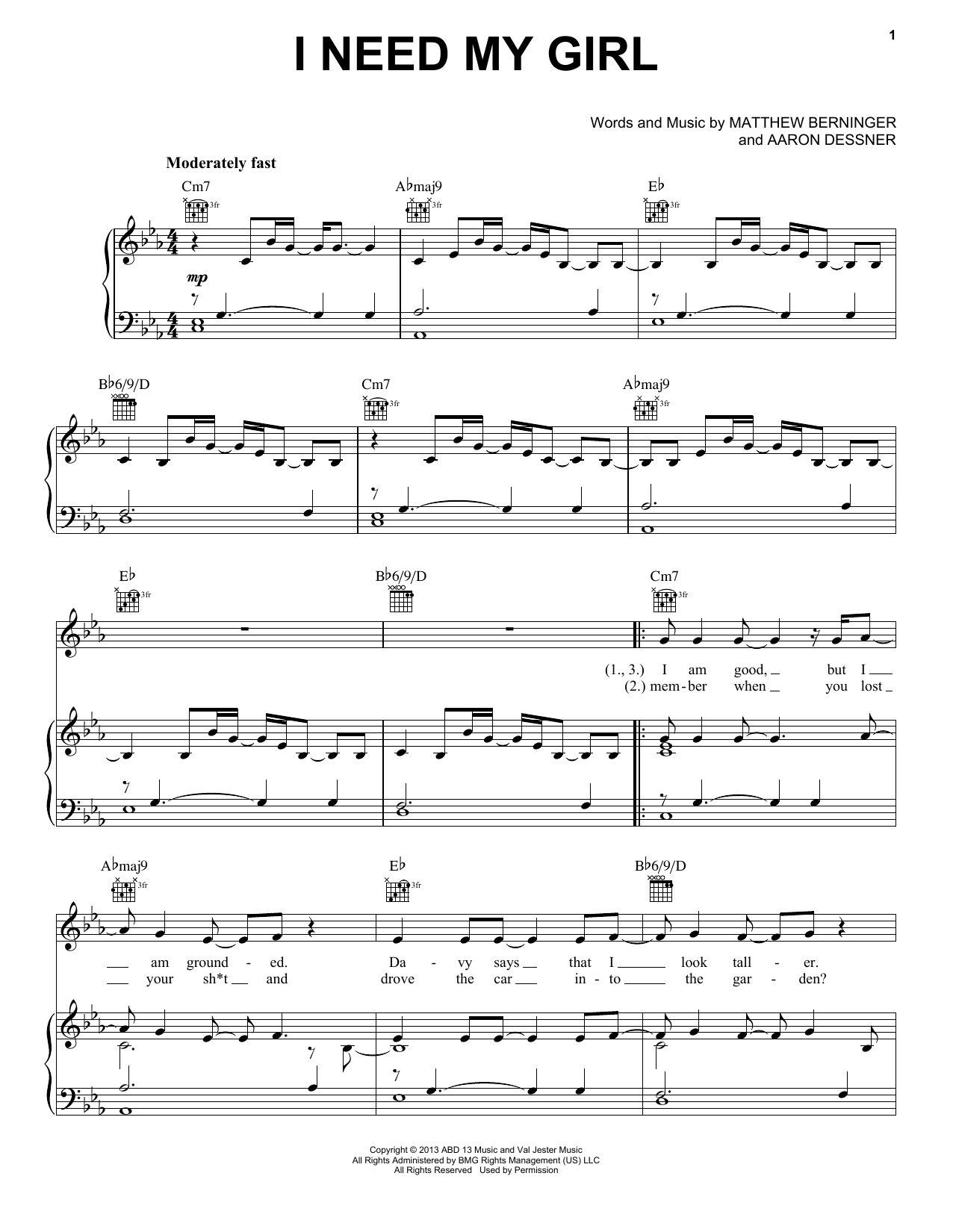 The National I Need My Girl sheet music notes and chords arranged for Piano, Vocal & Guitar Chords (Right-Hand Melody)