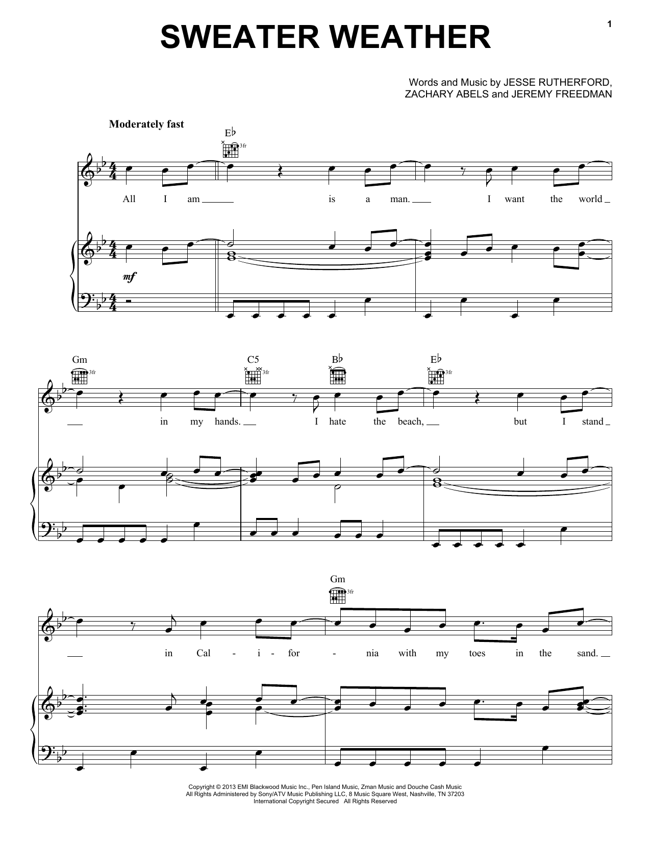The Neighbourhood Sweater Weather sheet music notes and chords arranged for Piano, Vocal & Guitar Chords (Right-Hand Melody)