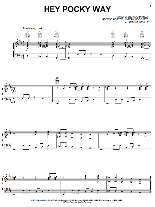 The Neville Brothers Hey Pocky Way sheet music notes and chords arranged for Piano, Vocal & Guitar Chords (Right-Hand Melody)
