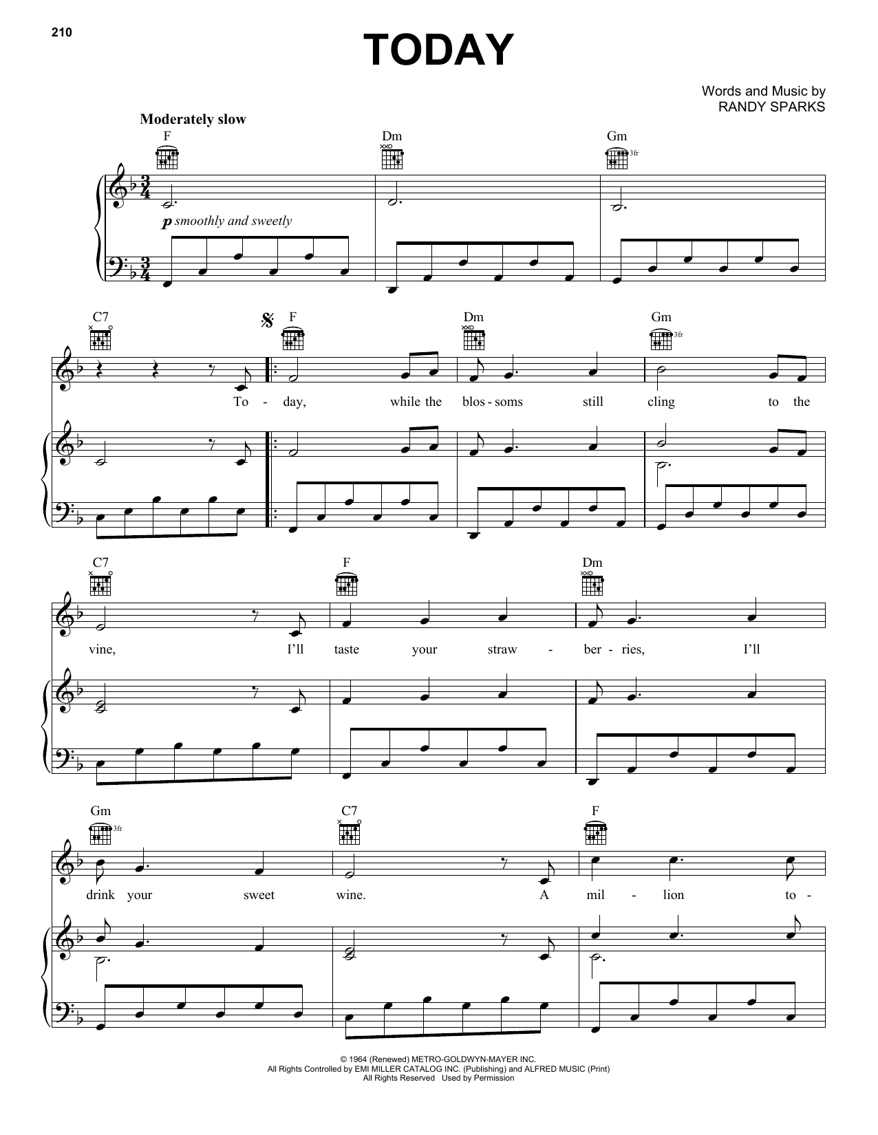 Randy Sparks Today sheet music notes and chords arranged for Piano, Vocal & Guitar Chords (Right-Hand Melody)