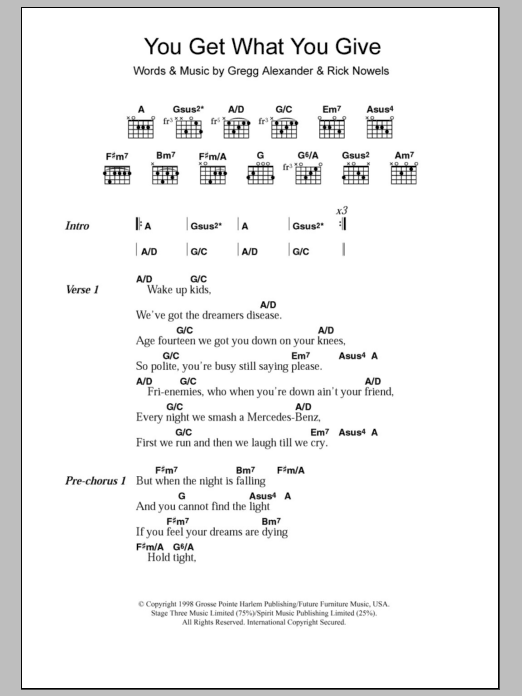 The New Radicals You Get What You Give sheet music notes and chords arranged for Guitar Chords/Lyrics