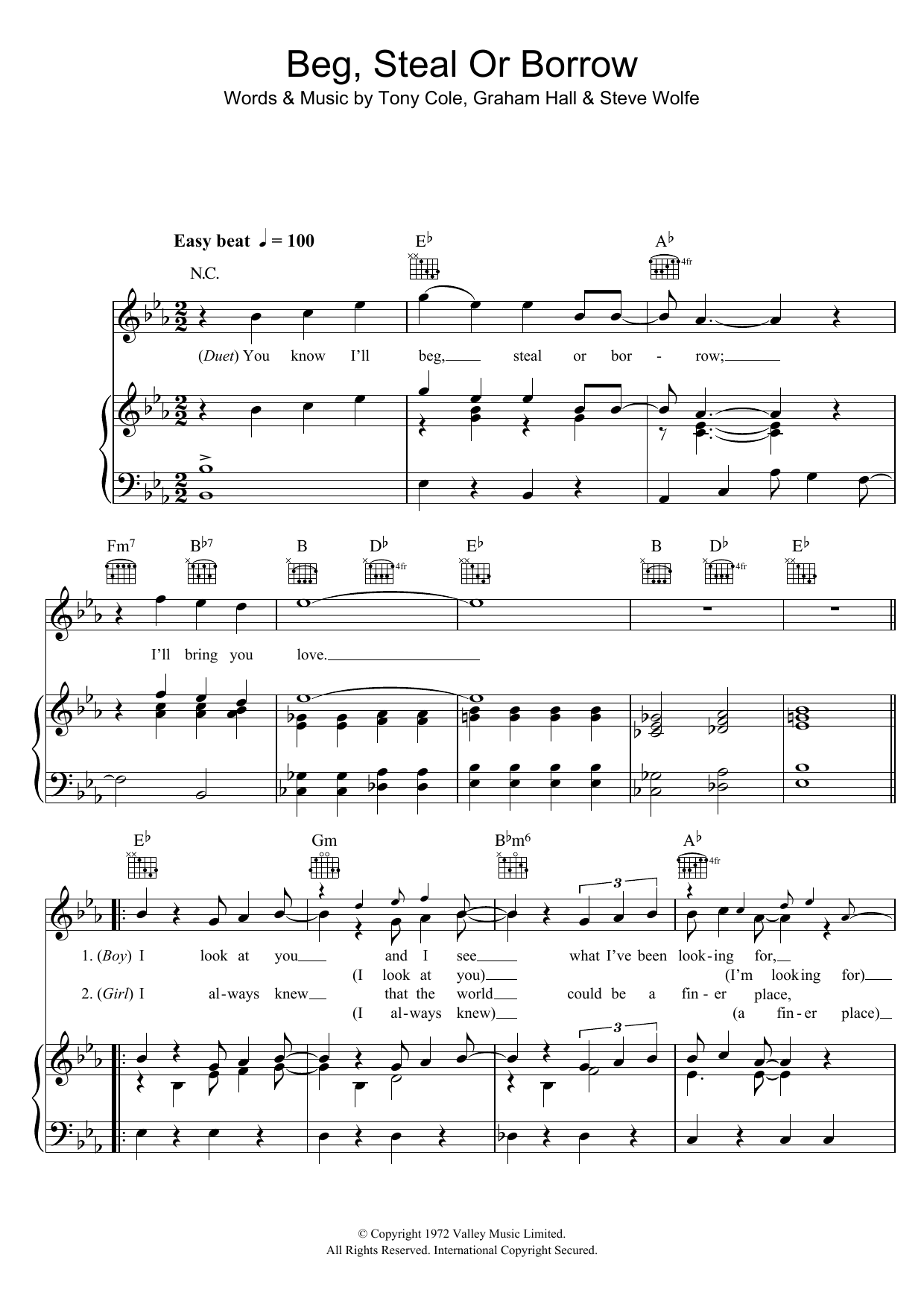 The New Seekers Beg, Steal Or Borrow sheet music notes and chords arranged for Piano, Vocal & Guitar Chords