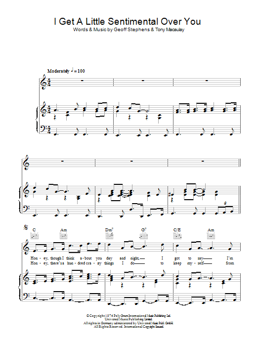 The New Seekers I Get A Little Sentimental Over You sheet music notes and chords arranged for Piano, Vocal & Guitar Chords