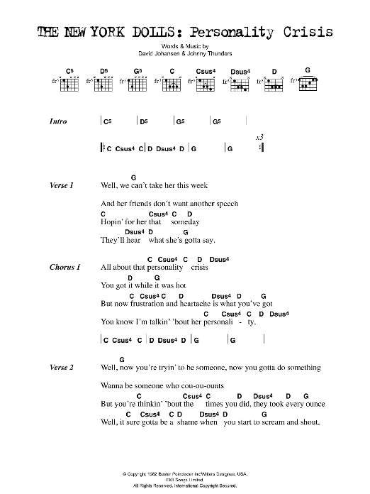 The New York Dolls Personality Crisis sheet music notes and chords arranged for Guitar Chords/Lyrics