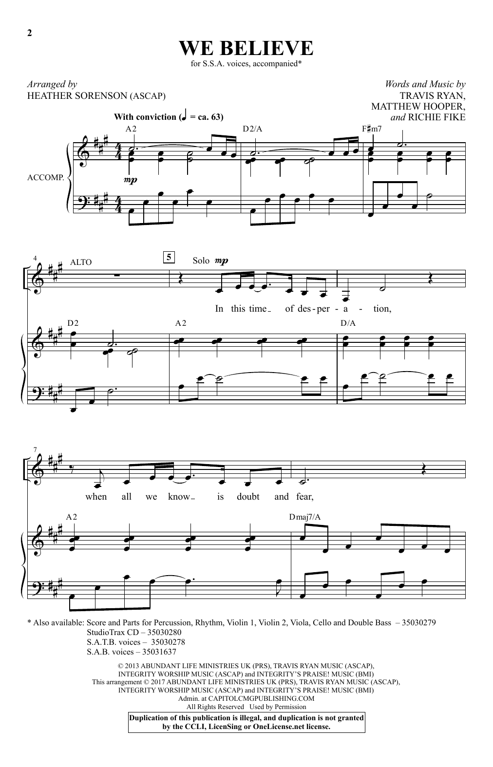 Newsboys We Believe (arr. Heather Sorenson) sheet music notes and chords arranged for SSA Choir